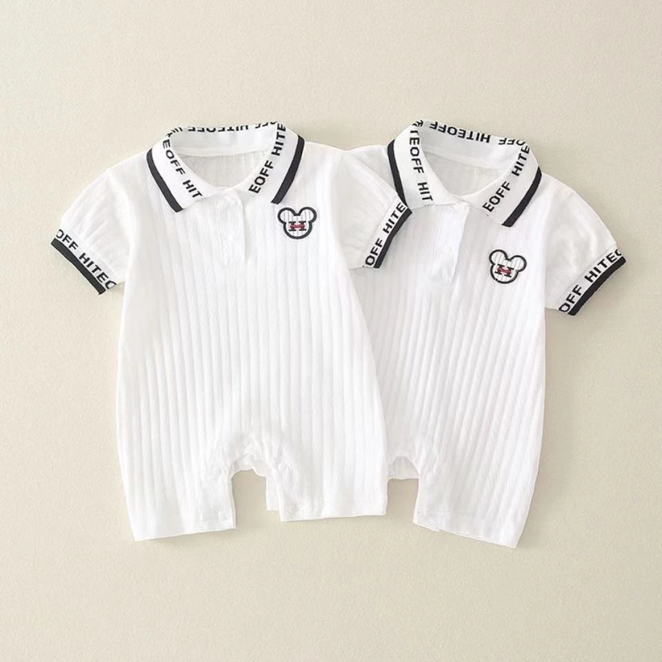 夏季新款米奇暗号标纯棉婴幼儿短袖POLO领洋气纯色连体衣爬爬服