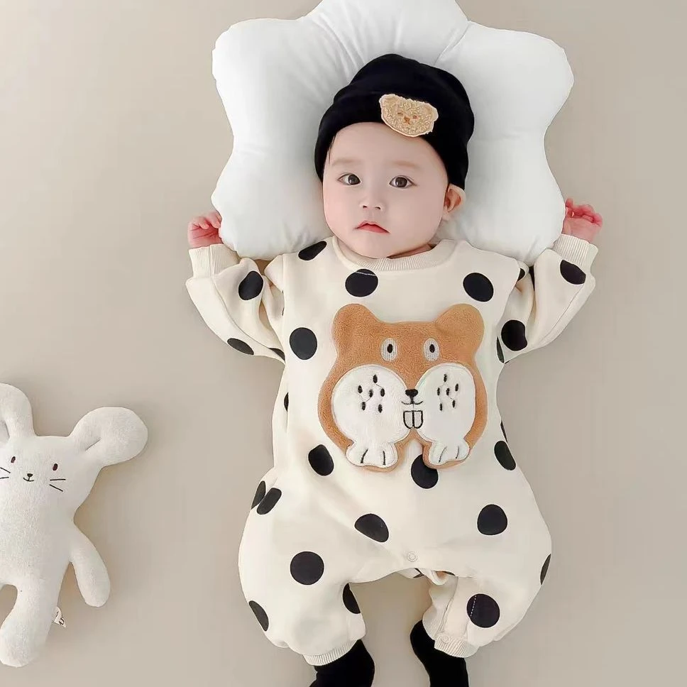 【咪】新款宝宝秋冬款男女宝宝加绒波点猫头鹰连体哈衣外出服爬爬