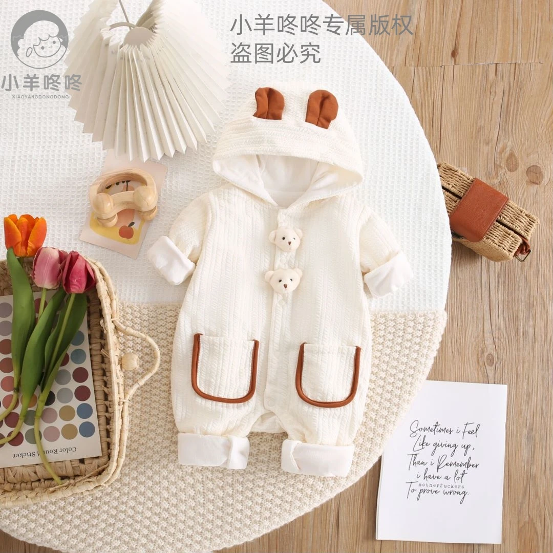 春季新款男女宝宝双层两只立体小熊连帽耳朵哈衣外出服爬爬服婴儿