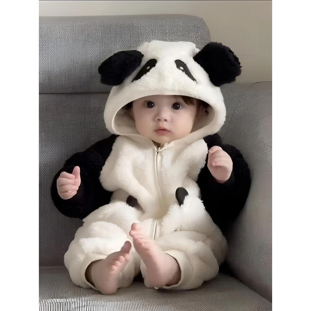 【单层】新款宝春秋款可爱呆萌拉链连帽时尚舒适熊猫家居服连体衣