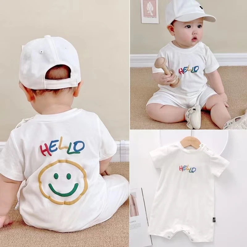 新款男女宝笑脸薄款洋气连体衣哈衣夏装透气时尚舒服婴幼童装爬服