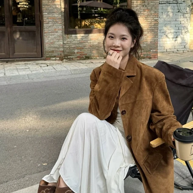 麂皮长西装宽松外套女春秋季韩版遮屁股皮衣棕色高级感咖短款皮衣