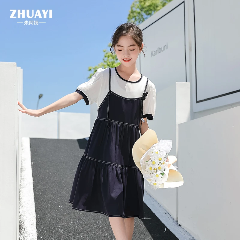 2024夏季新品显瘦透气假两件吊带连衣裙学生休闲洋气裙子女童潮