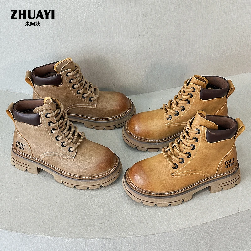 女大童马丁靴高帮系带真皮厚底大黄靴新款秋冬洋气黄色短靴女