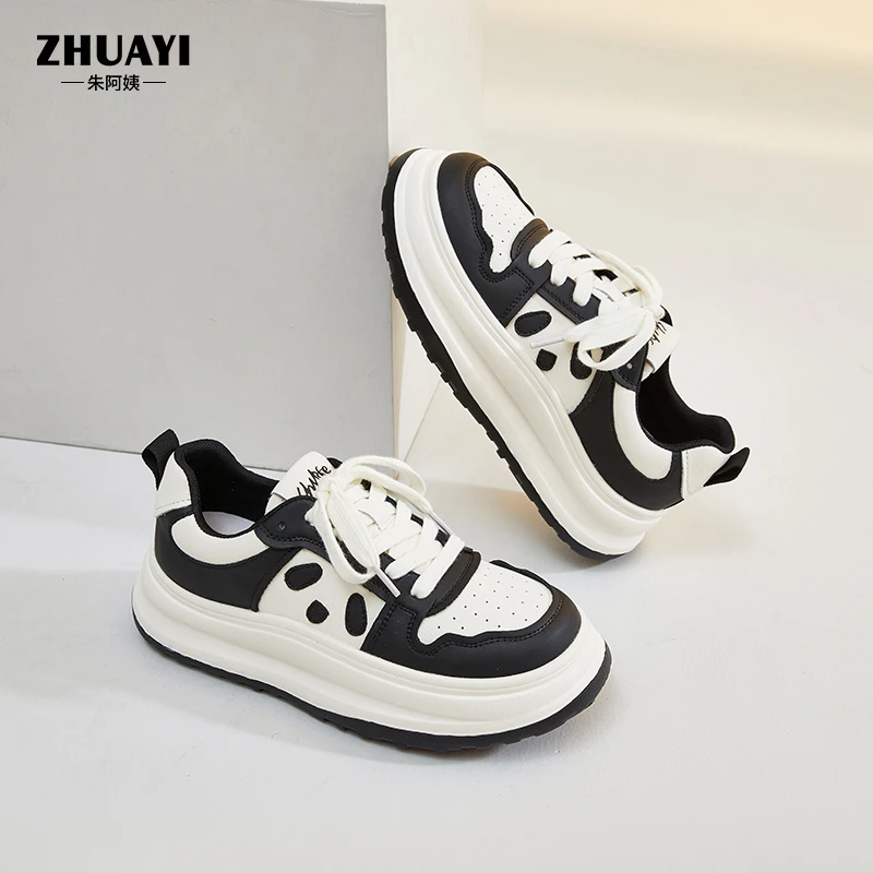 朱阿姨女款鞋子【真皮熊猫鞋】2025秋冬防滑小白鞋圆头系带运动鞋
