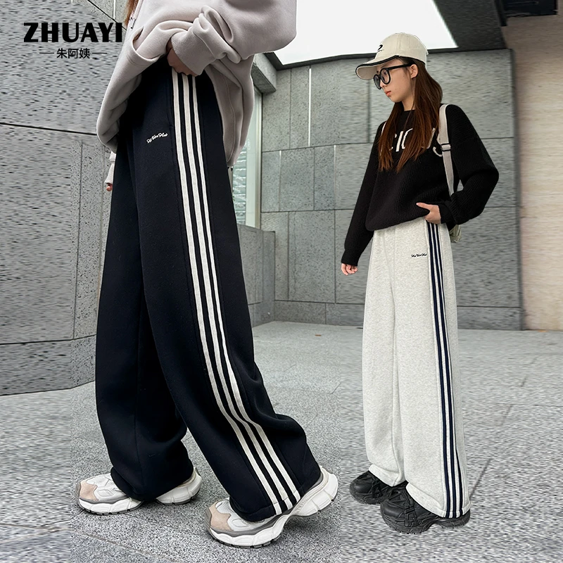 女童加绒运动裤冬款加厚条纹休闲裤宽松两穿初中生百搭裤子洋气潮