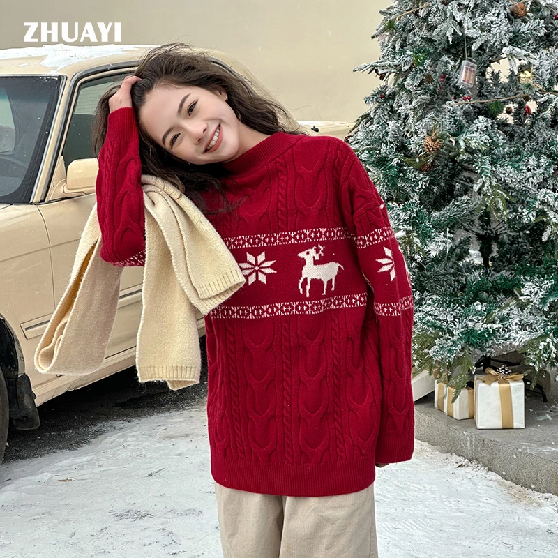 春秋冬季女童针织衫毛衣提花小鹿慵懒风圆领圣诞节红色毛衣时尚百