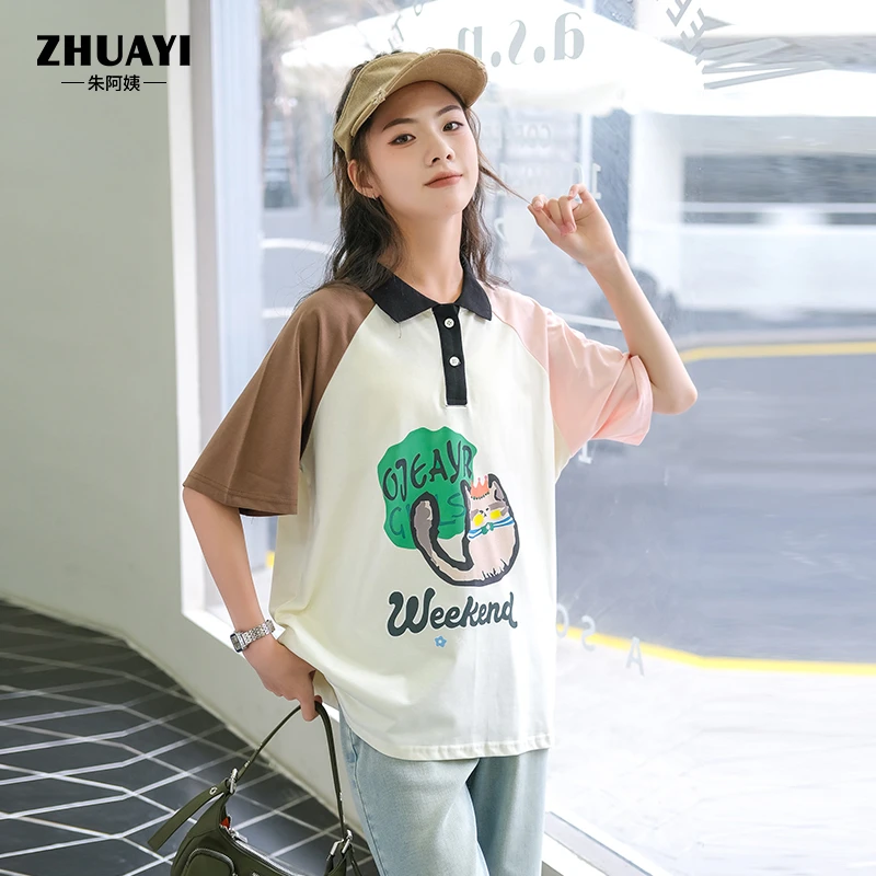 女童【可爱猫咪】夏季短袖t恤卡通印花插肩学生宽松翻领小众设计感