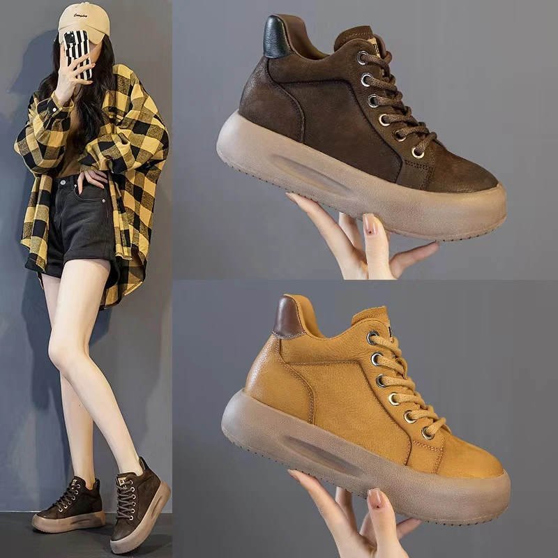 新款爆款头层牛皮高帮厚底短靴女秋冬季新款系带真皮女鞋加绒棉靴