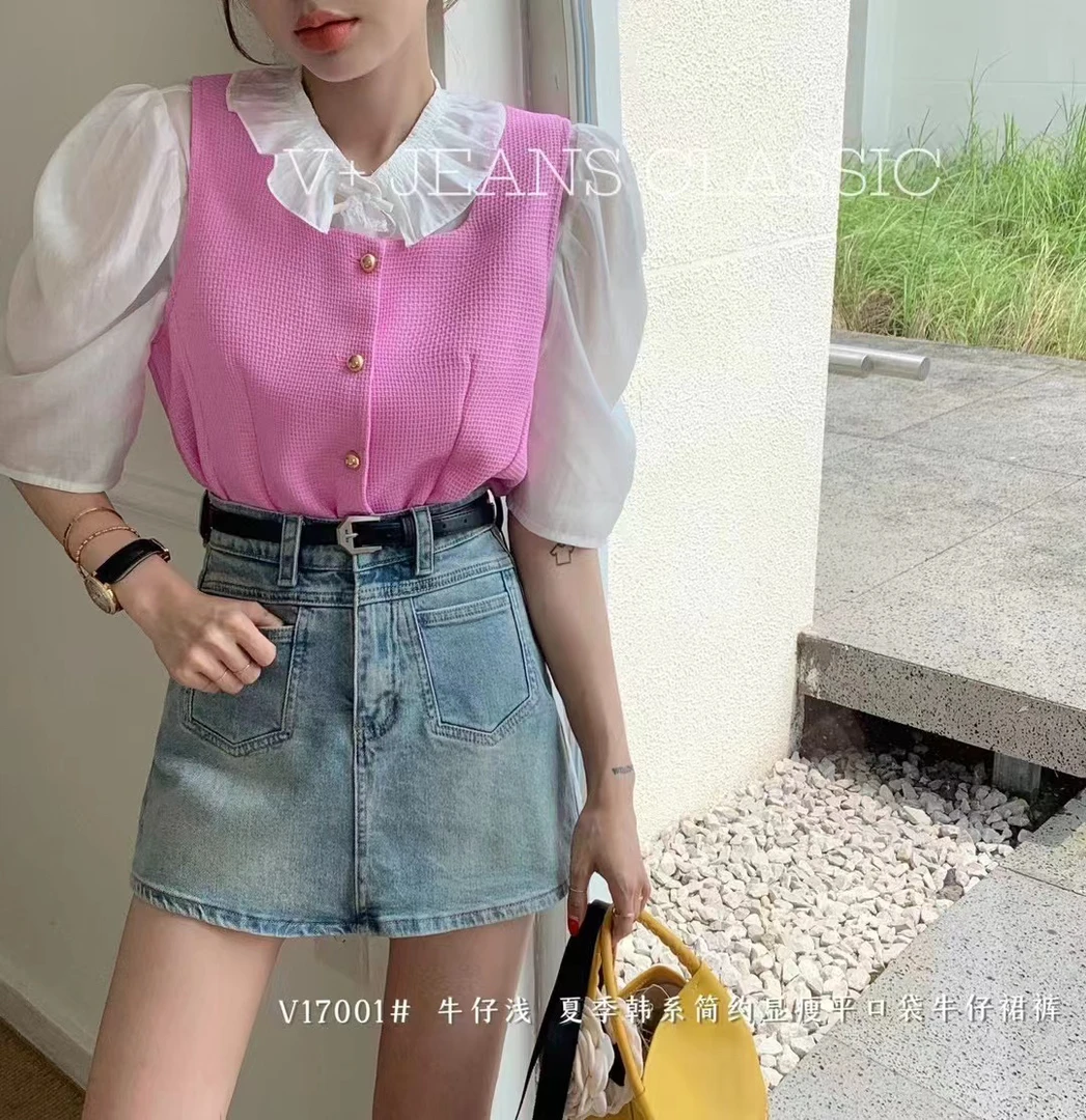17001#【V+高货】复古蓝新款高腰短裤显瘦牛仔裤裙