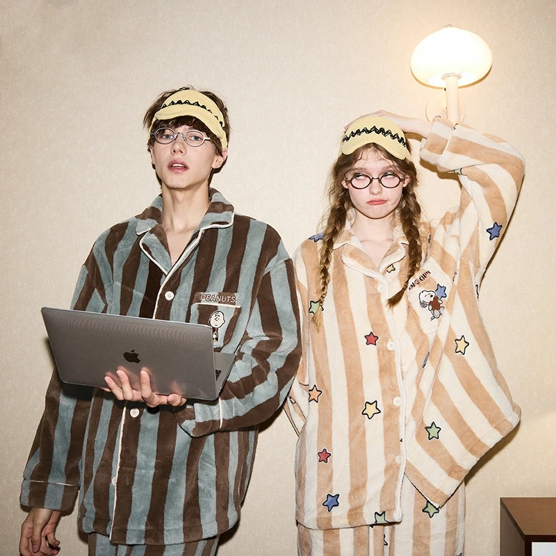 情侣睡衣秋冬季史努比果家新款法兰绒加绒加厚保暖男女家居服套装