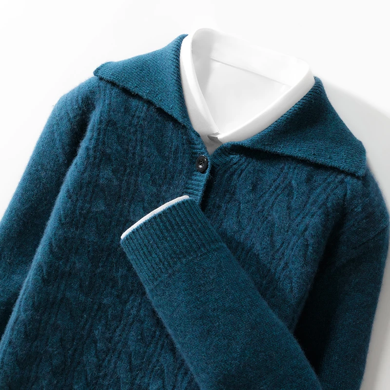 商务休闲款~秋冬新款100澳洲羊毛男翻领提花加厚针织宽松打底衫