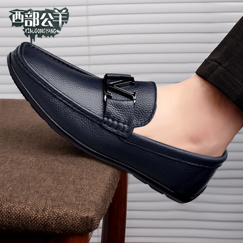 西部公羊3040岁男士豆豆鞋头层牛皮一脚蹬软底潮流时尚休闲皮鞋