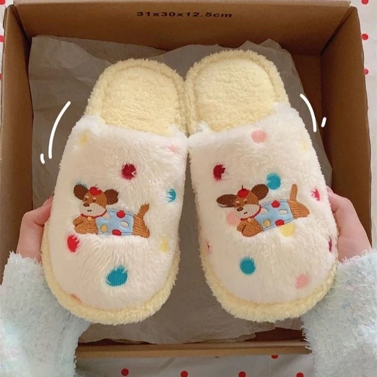 ins新趣味彩点狗狗室内居家棉拖鞋女休闲学生秋冬季可爱毛毛拖鞋