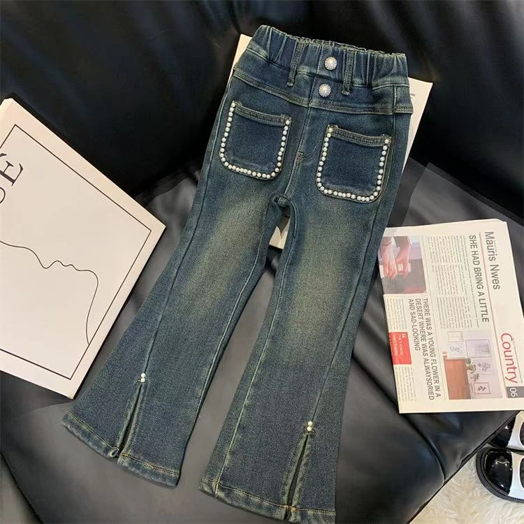 女童喇叭裤2024春秋新款时尚网红弹力潮流洋气时髦修身开叉微喇叭