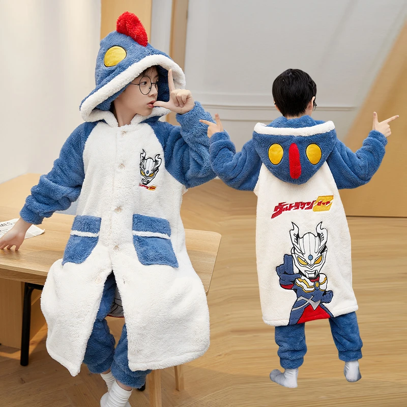 儿童浴袍男童睡衣套装秋冬季长款加厚中大童毛绒卡通睡袍家居服