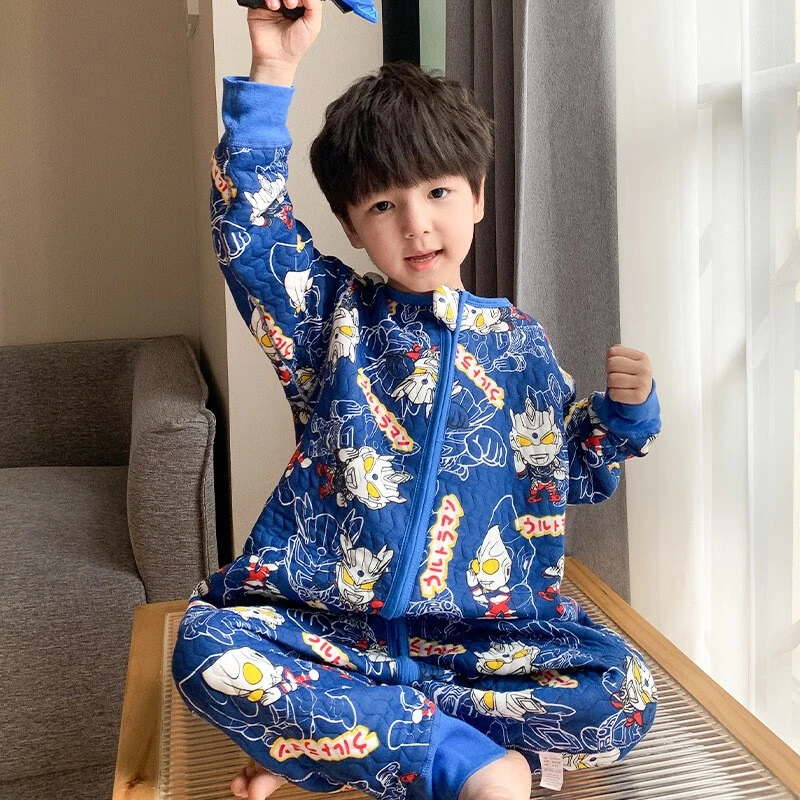 儿童睡袋冬季新款凹凸曼三层保暖连体衣中大童纯棉夹棉睡袋防踢被