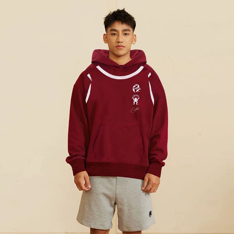 BOK冬季新款美式复古酒红色卫衣男连帽加绒加厚运动休闲上衣外套
