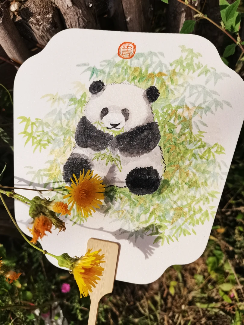 团扇手绘国画大熊猫双面金银粉宠粉价