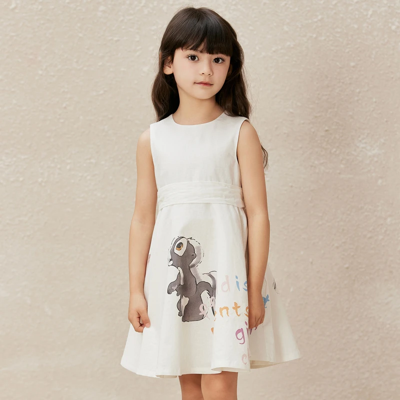 ff&dd童装2024夏季女童连衣裙趣味卡通印花系带收腰无袖连衣裙女