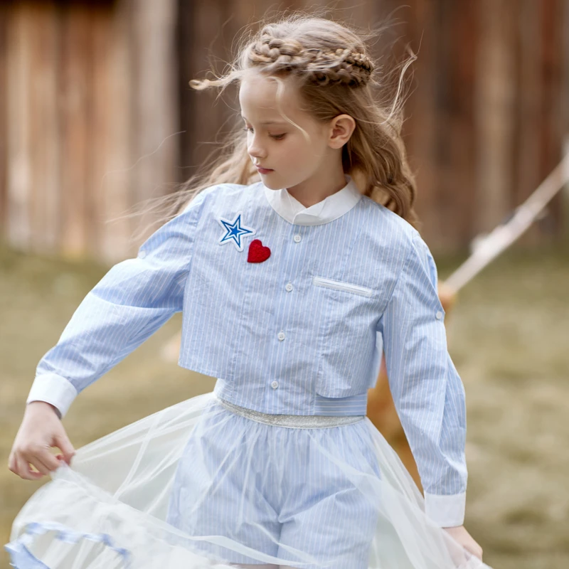 ff&dd童装2024春季新款女童长袖衬衫设计感立领条纹轻薄上衣