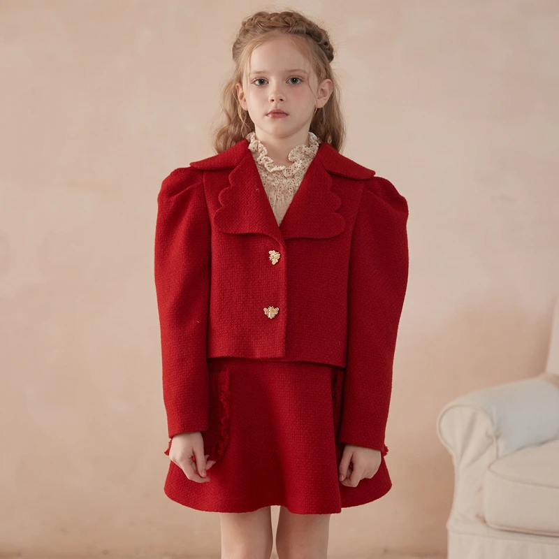 ff&dd童装2024春季新款女童外套洋气花瓣领红色小香风儿童上衣