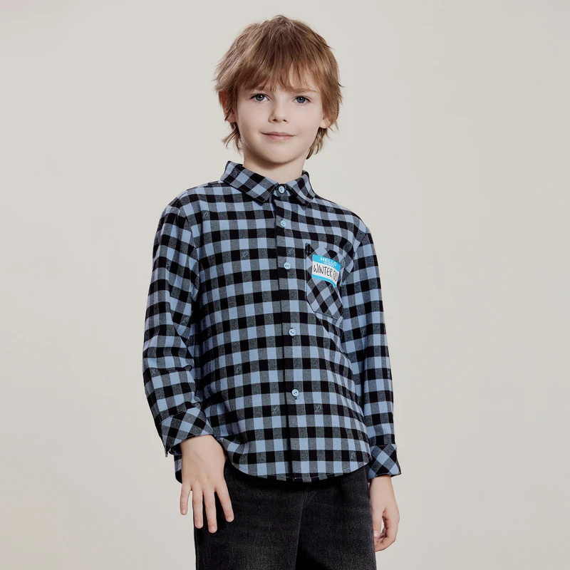 ff&dd童装2024冬衬衫男童蓝黑格子经典中大童长袖开衫百搭休闲