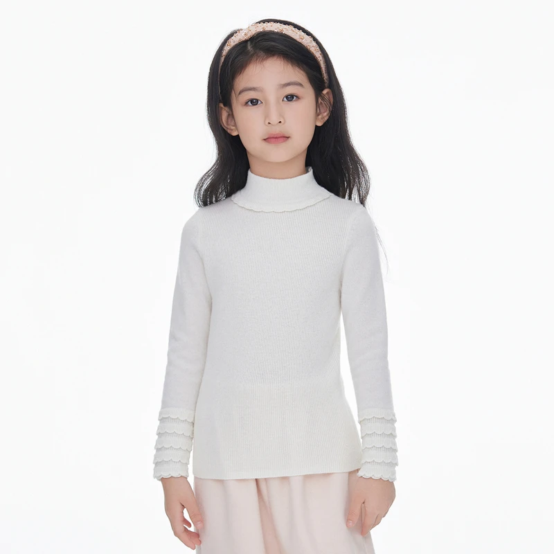 ff&dd童装2025冬季打底衫女童简约百搭花边袖绵羊毛针织儿童上衣