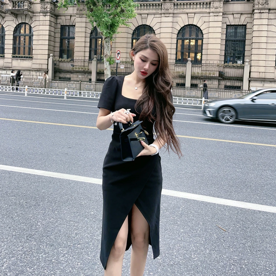方领方领显瘦气质名媛风短袖显瘦遮胳膊连衣裙生日酒会礼服