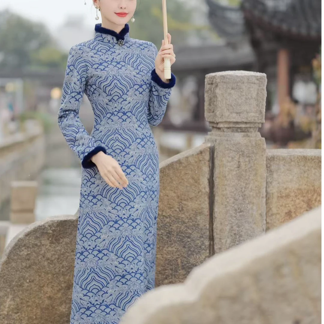 {澜溪}海水纹改良奥黛旗袍