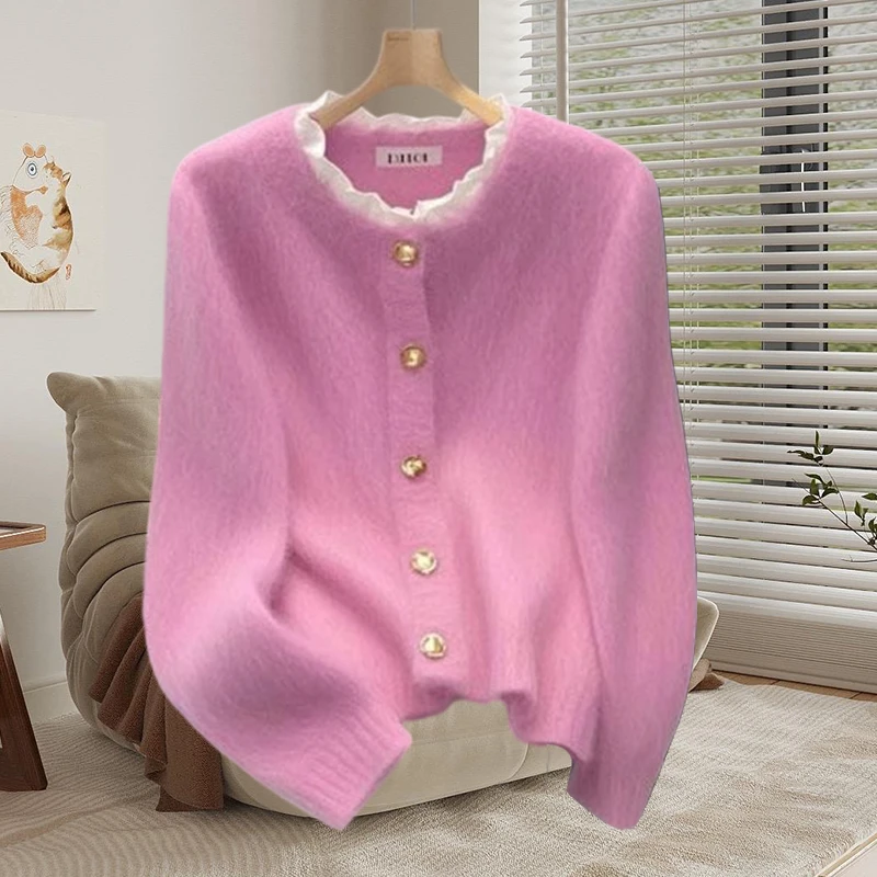 慵懒高级感冬季打底毛衣女款爆款2025新款软糯气质粉色针织开衫女