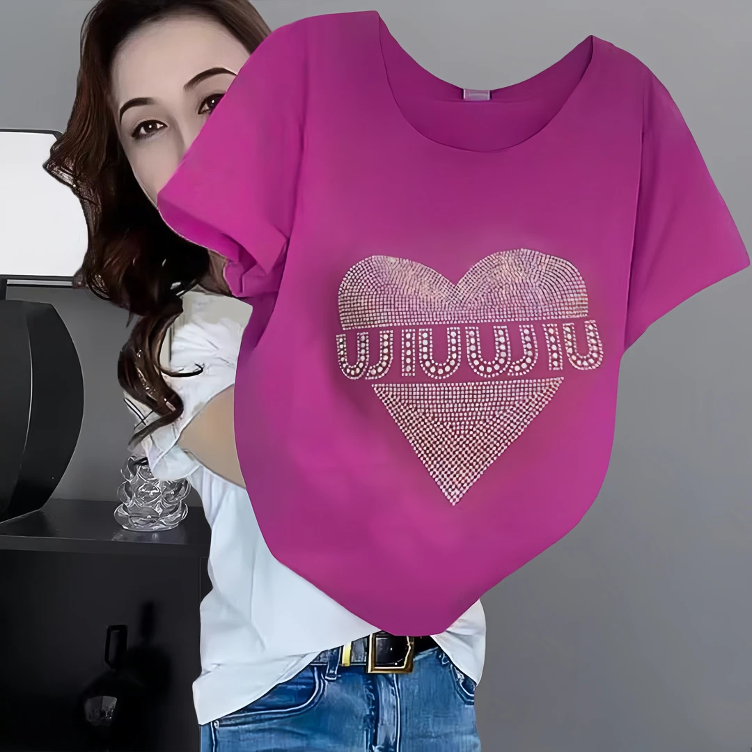 纯棉韩版爱心烫钻气质短袖t恤女2024春季新款洋气百搭宽松上衣服