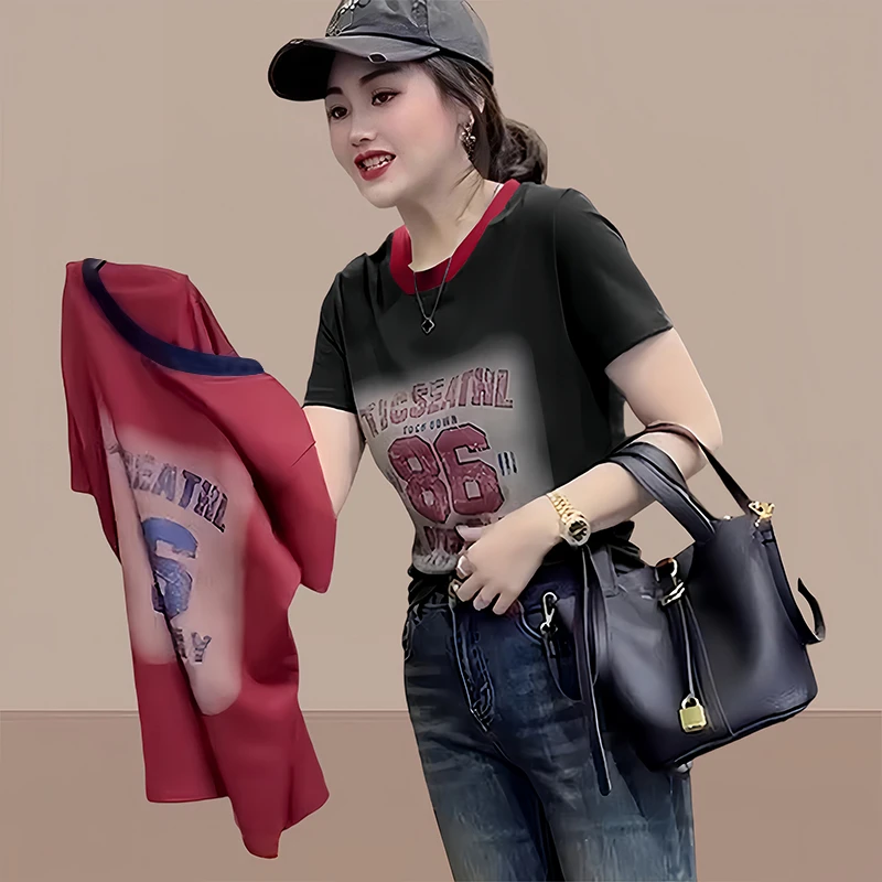 欧货2025年夏季新款数字拼色韩版短袖T恤女休闲宽松百搭正肩上衣