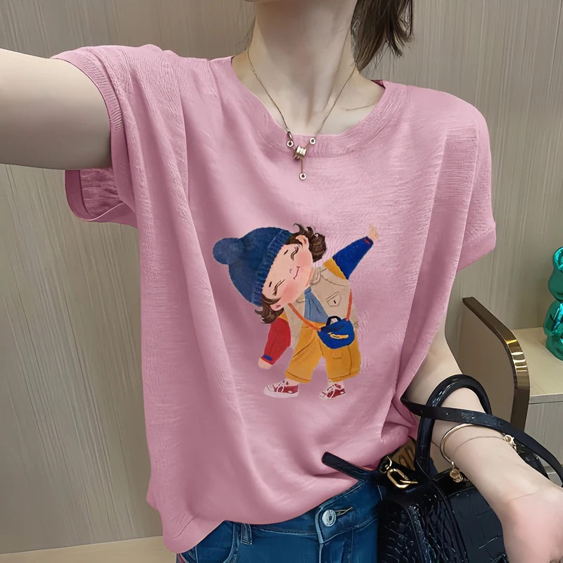 竹节棉洋气减龄小女孩印花短袖t恤女2024新款爆款小个子精致上衣