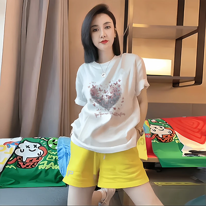 小个子时尚套装女2024新款爆款洋气高级感爱心印花短袖短裤两件套