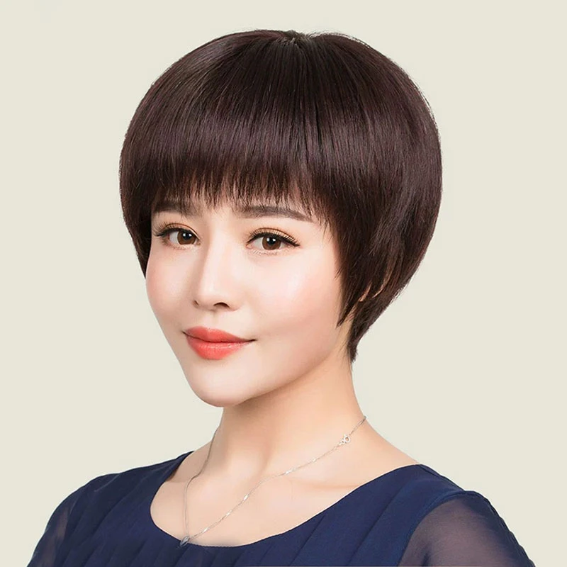 【挂耳减龄短直发】气质中老年女士全真人发丝透气舒适假发套