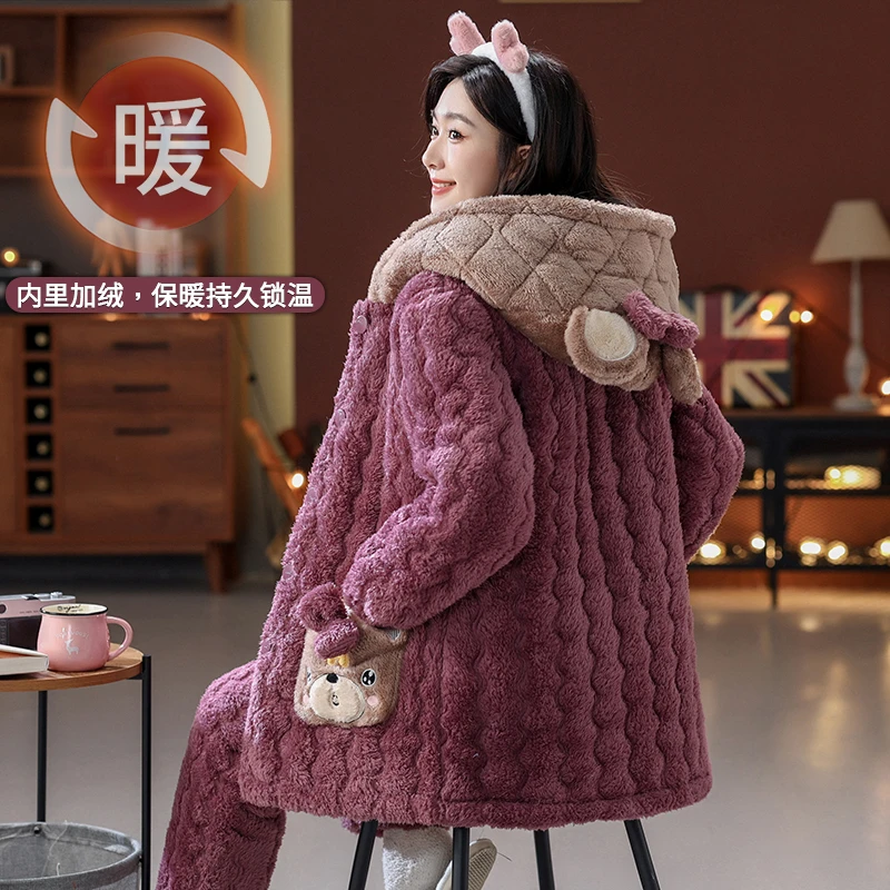 法兰绒睡衣女士秋冬季连帽三层加绒加厚夹棉韩版保暖家居服两件套