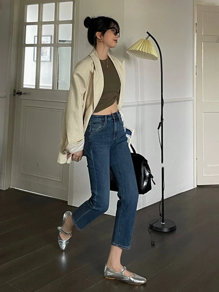 （孤品）.十三行品牌牛仔裤窄版直筒显瘦拖地裤春款烟管九分