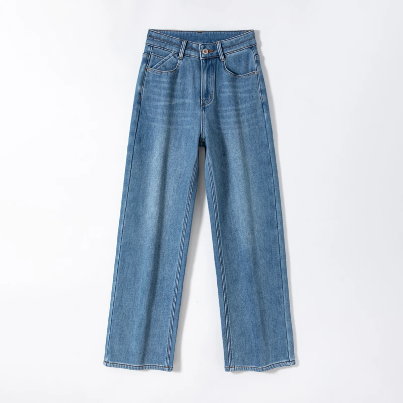 2024秋冬季杏色真超宝宝绒直筒裤高腰显瘦百搭阔腿牛仔裤BJ121