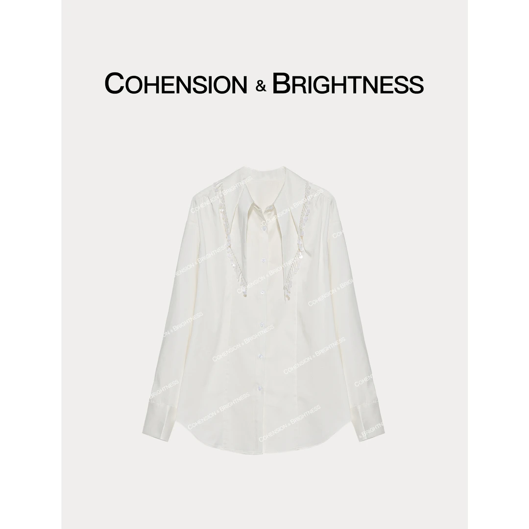 凝慧【微光星辰】秋冬亮片流苏翻领长袖百搭衬衫CQ151