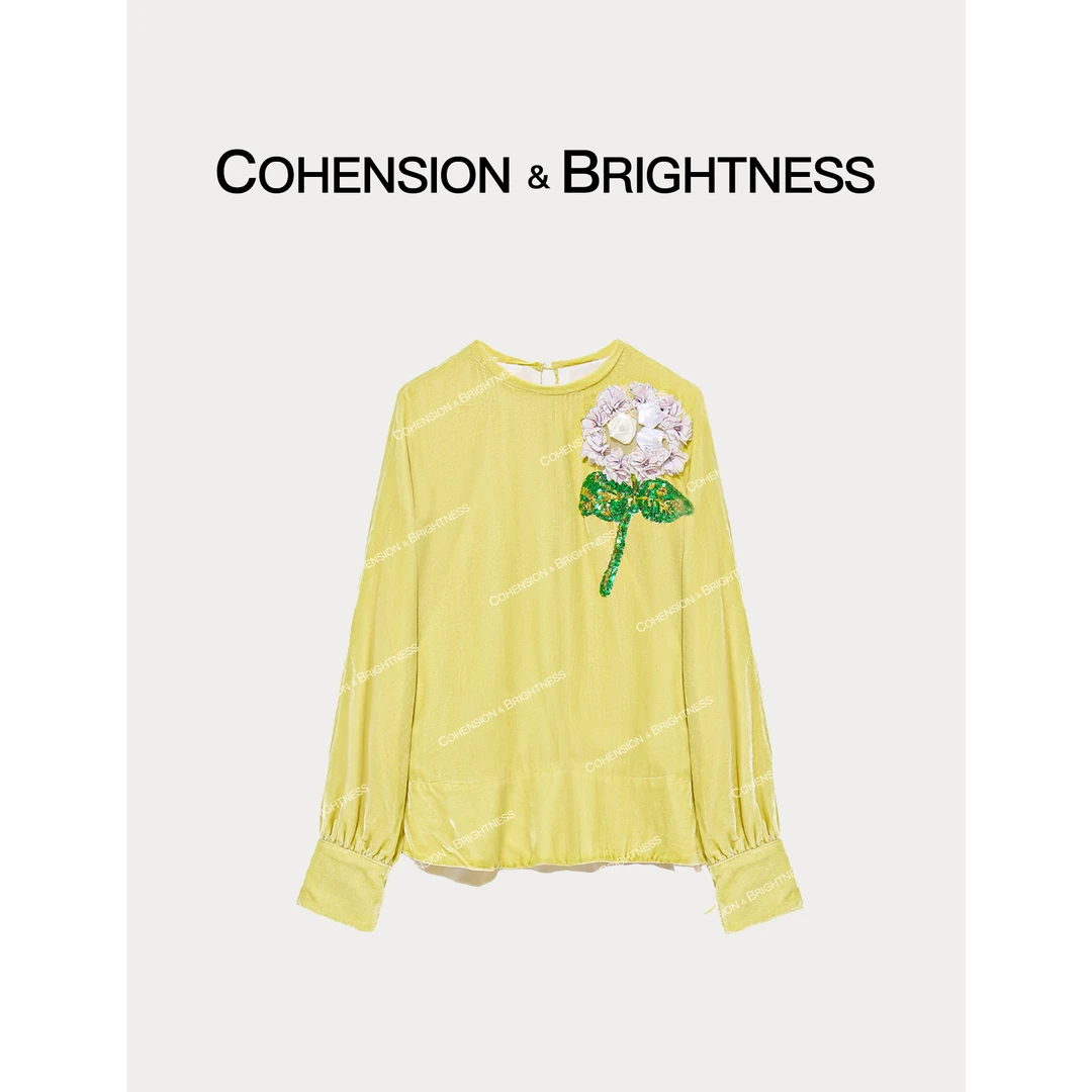 凝慧【清栀花序】圆领时尚气质立体花长袖衬衫CQ185