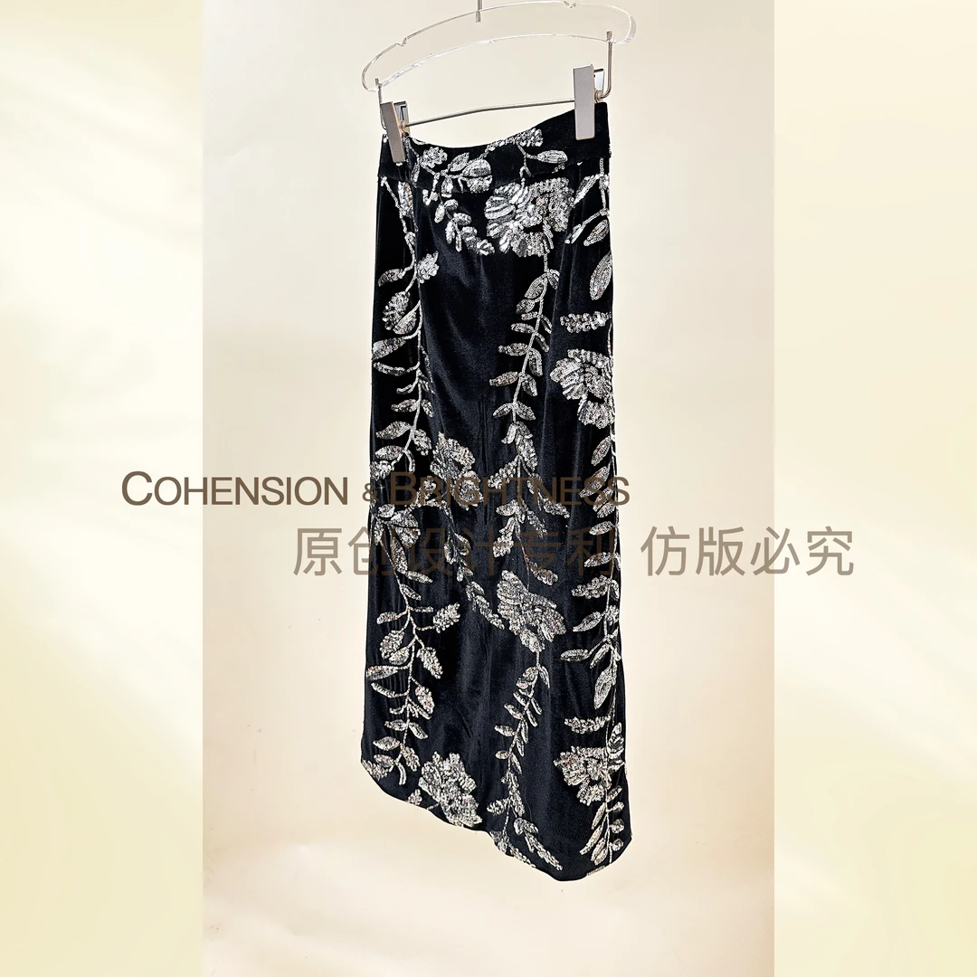 凝慧真的好【暗香绒影】半身裙新款重工轻奢亮片丝绒半裙QO093