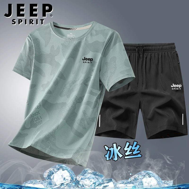 JEEP SPIRIT休闲套装男夏季运动一整套跑步冰丝新款速干短袖T恤