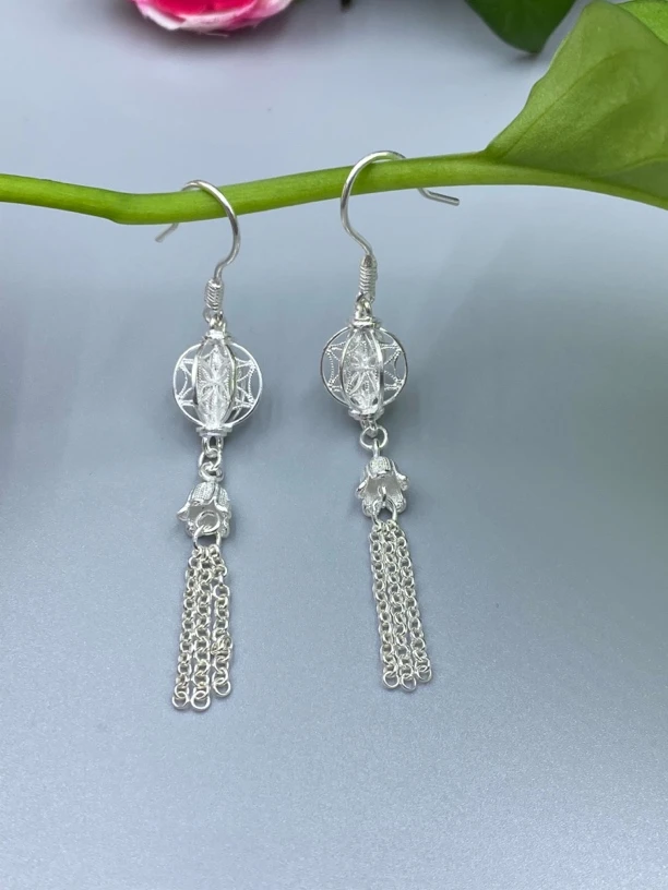 足银耳饰 侗石記 拉丝工艺 绣球铃兰花流苏耳环