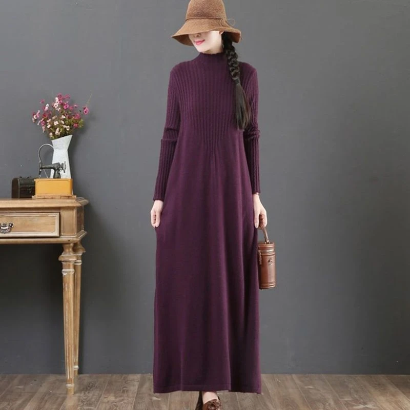 2024年秋冬加肥加大码毛衣裙文艺长款过膝显瘦百搭长袖字版连衣裙