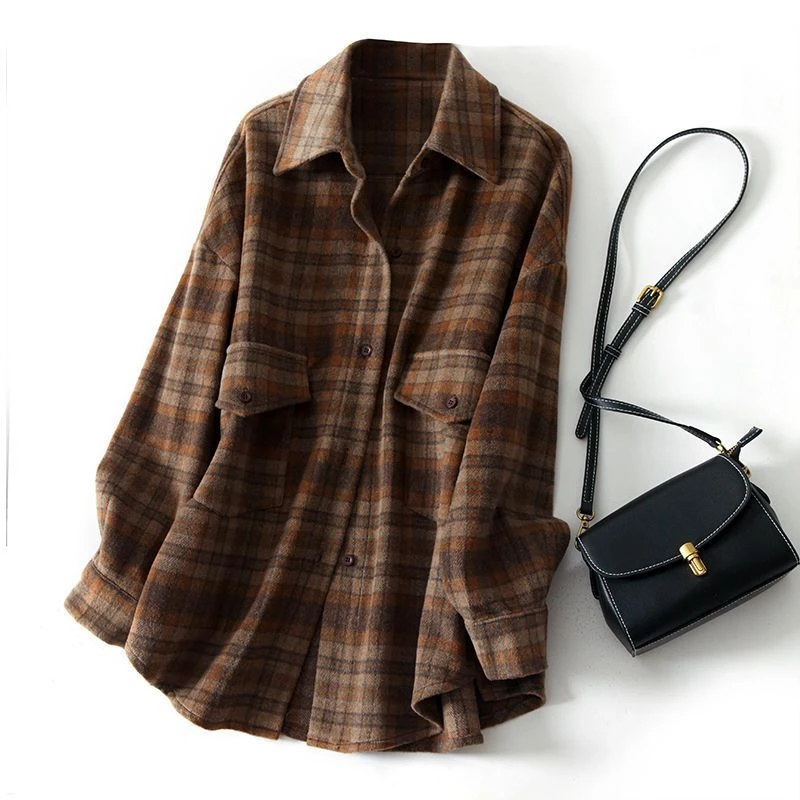 设计感港风磨毛加加厚洋气减龄复古格子休闲衬衫宽松显瘦外穿潮