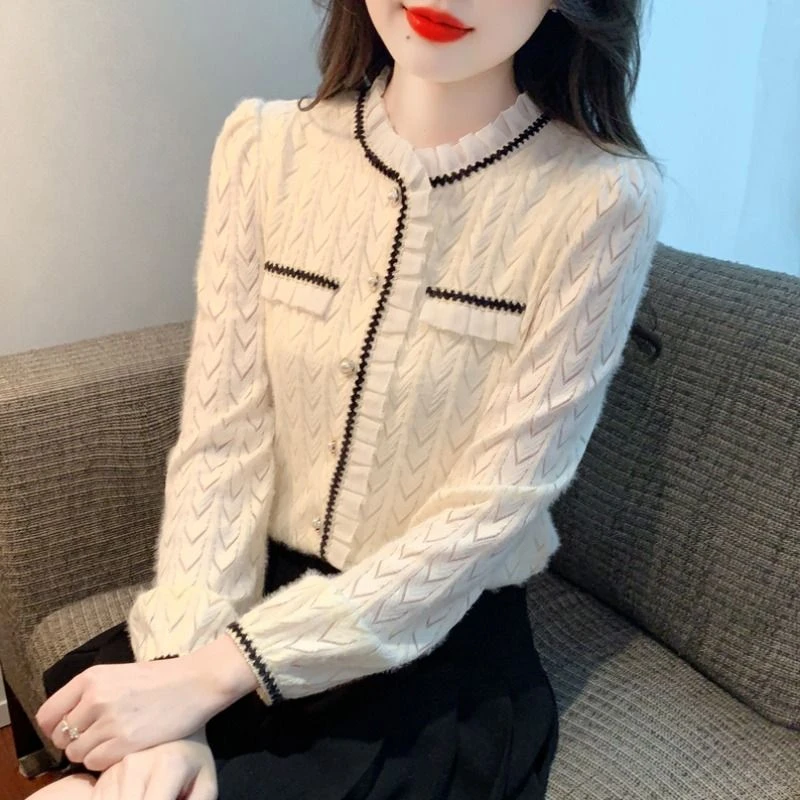 2024法式小香风荷叶领长袖衫女秋季洋气减龄衬衫百搭小衫气质上衣