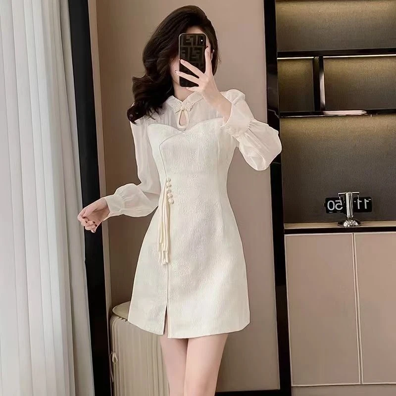 新中式改良旗袍国风盘扣长袖连衣裙显瘦修身清冷国潮气质时尚裙子