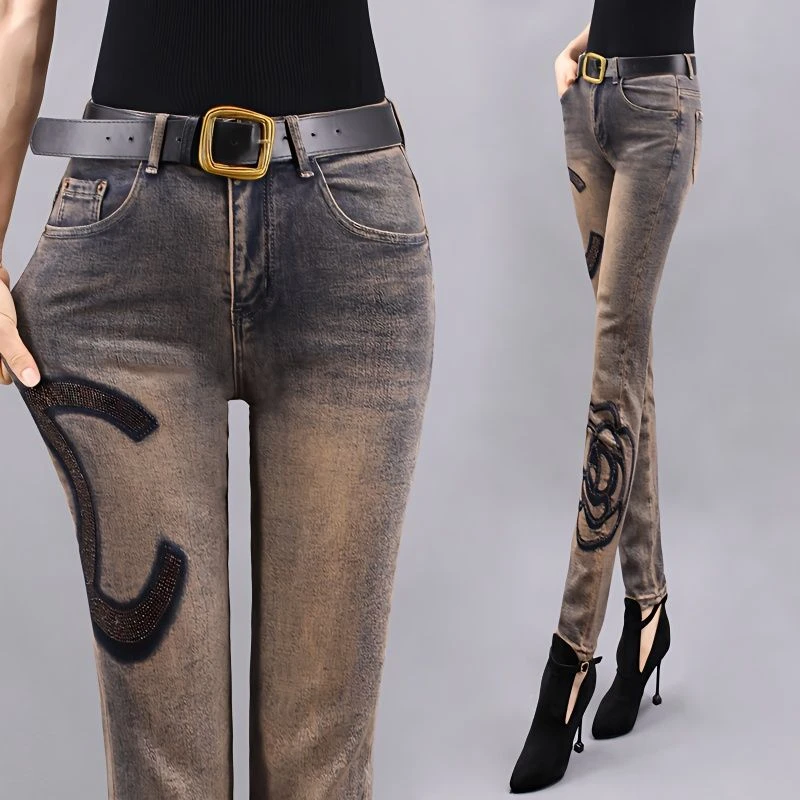 高腰加牛仔裤女2024冬季新款弹力修身小脚裤加厚显瘦显高铅笔裤