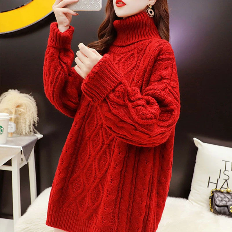 大码女装新款秋冬季高领红色毛衣女中长款外穿宽松加厚加厚小衫女